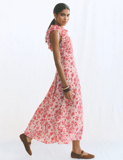 Ruffle Silk Midi Dress-Pink Bloom Scatter Mono