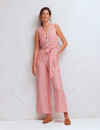 Laura V-neck Linen Jumpsuit-Red, Ivory Stripe