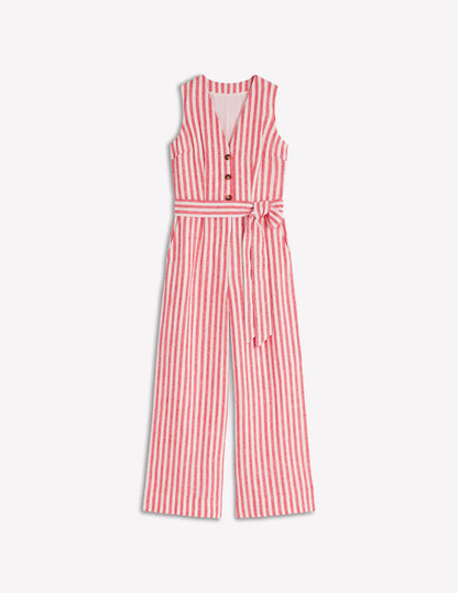 Laura V-neck Linen Jumpsuit-Red, Ivory Stripe