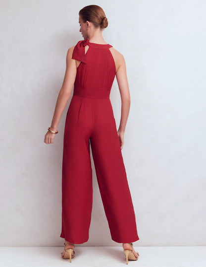 Tie Halter Neck Jumpsuit-Rich Chestnut