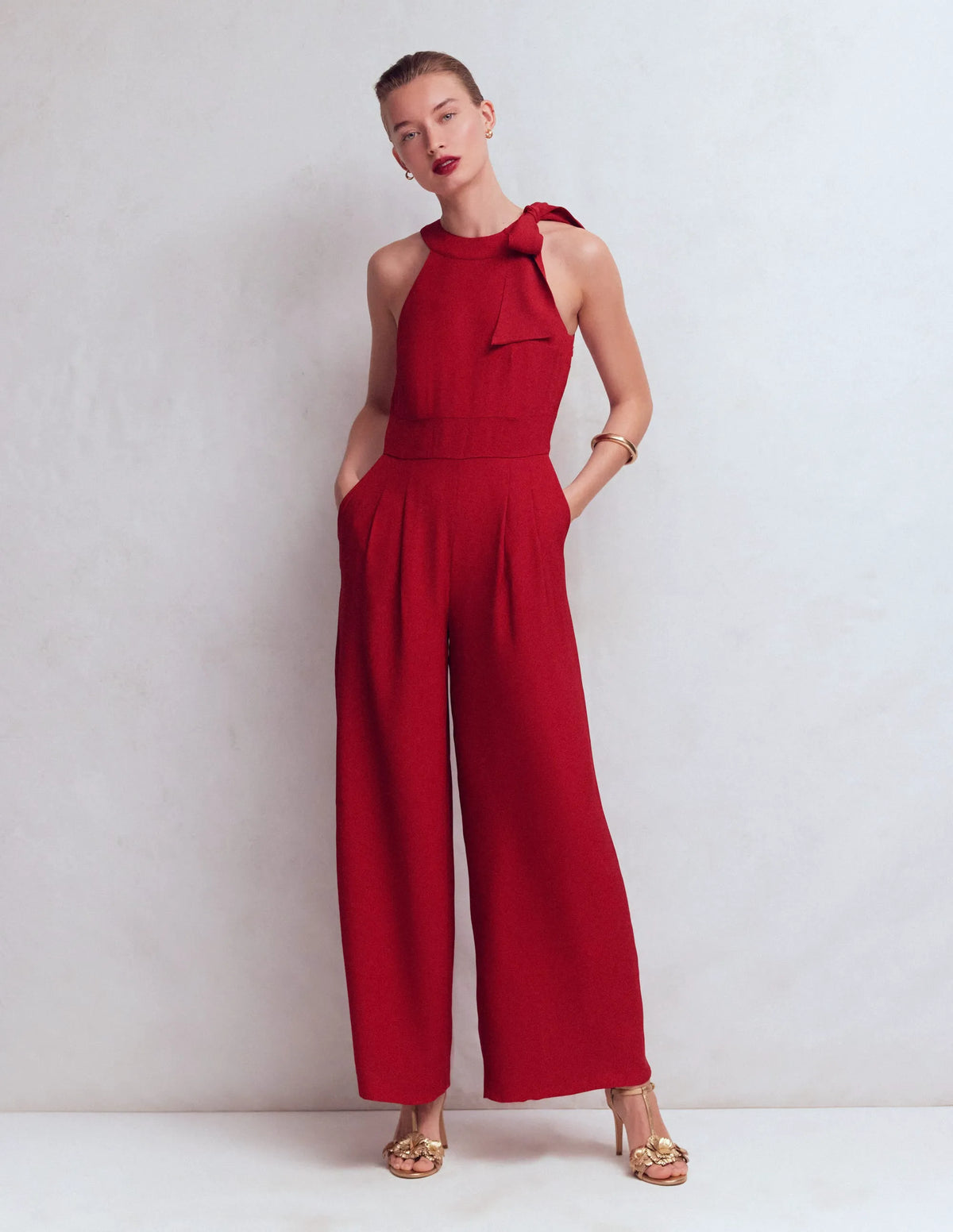 Tie Halter Neck Jumpsuit-Rich Chestnut
