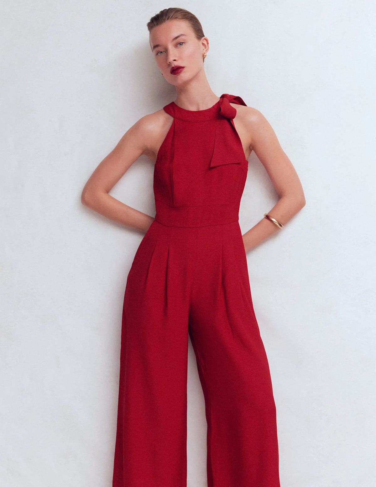 Tie Halter Neck Jumpsuit-Rich Chestnut