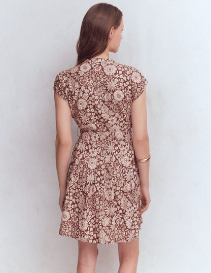 Arabella Short Linen Dress-Brown Flowerbed Bloom