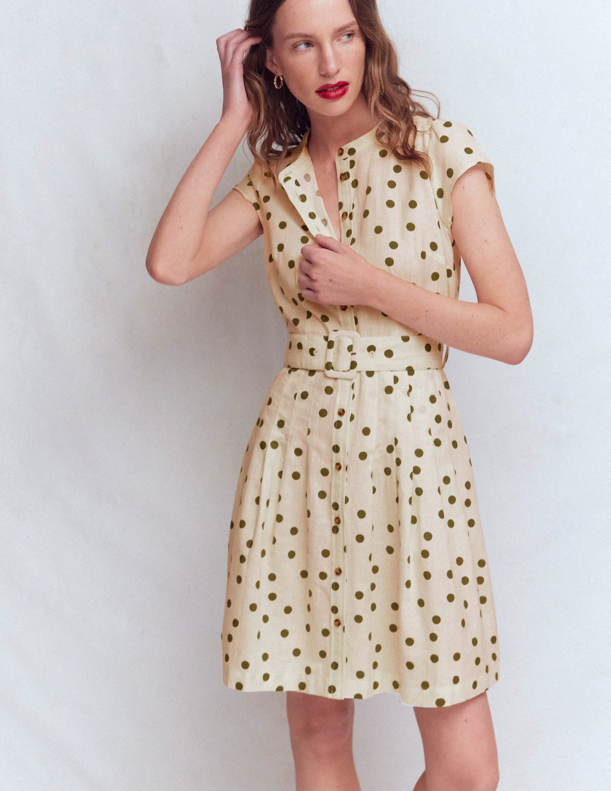 Arabella Short Linen Dress-Ivory Painted Dot Spaced