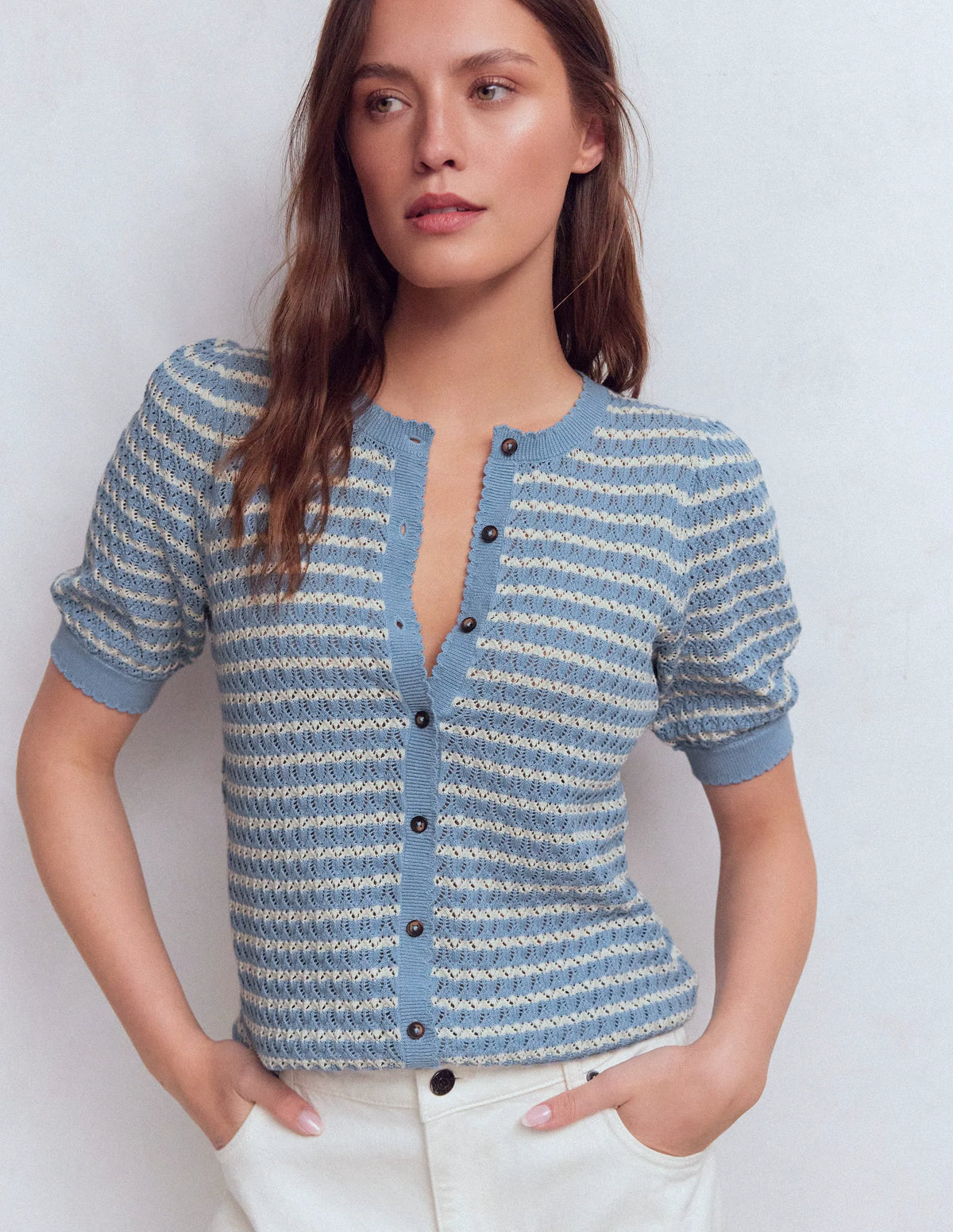 Dot Pointelle Cardigan-Blue Stripe