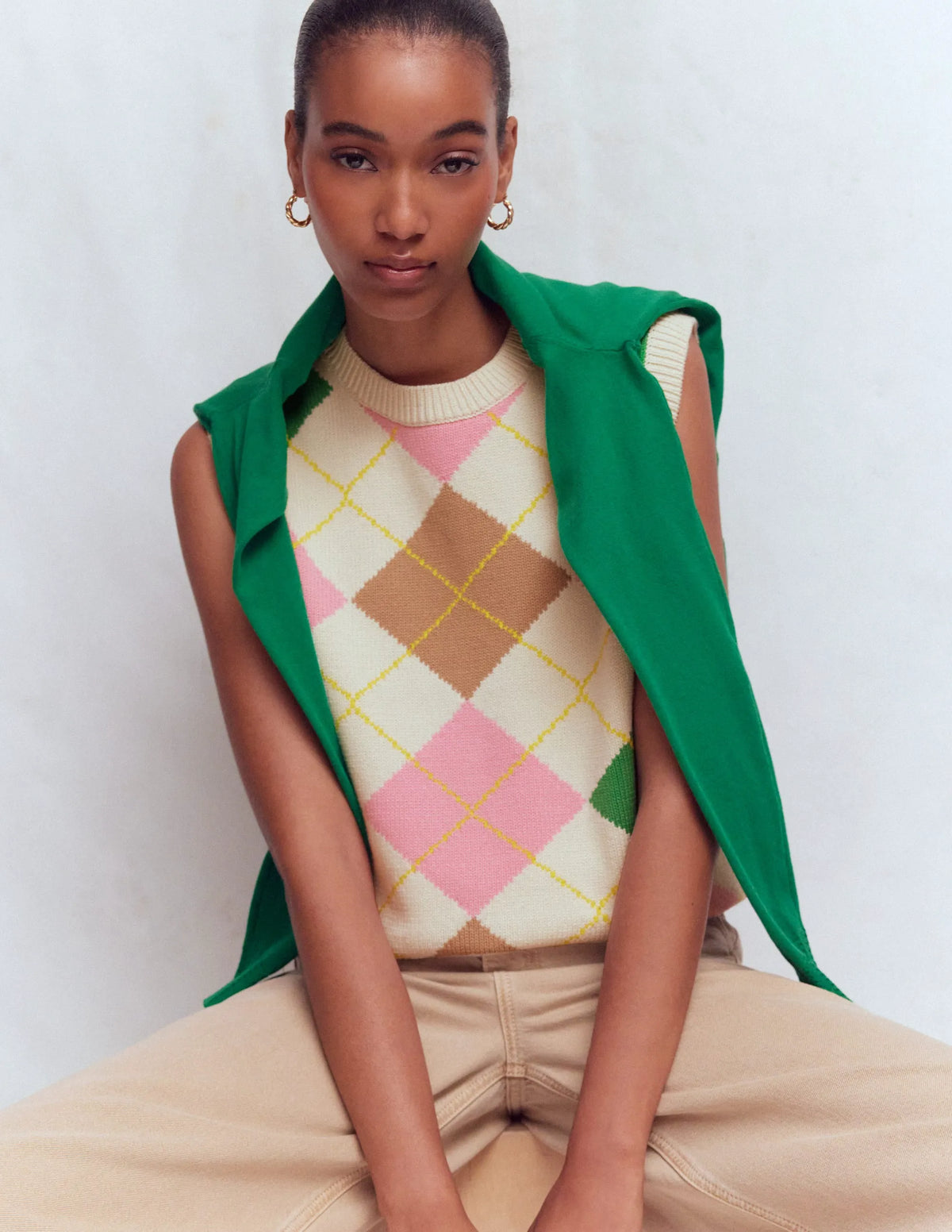 Lucy Cotton Vest-Green, Pink Argyle