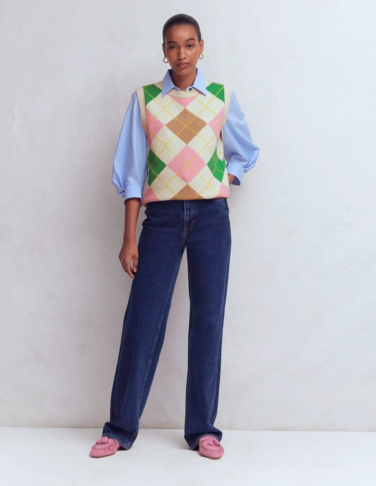 Lucy Cotton Vest-Green, Pink Argyle