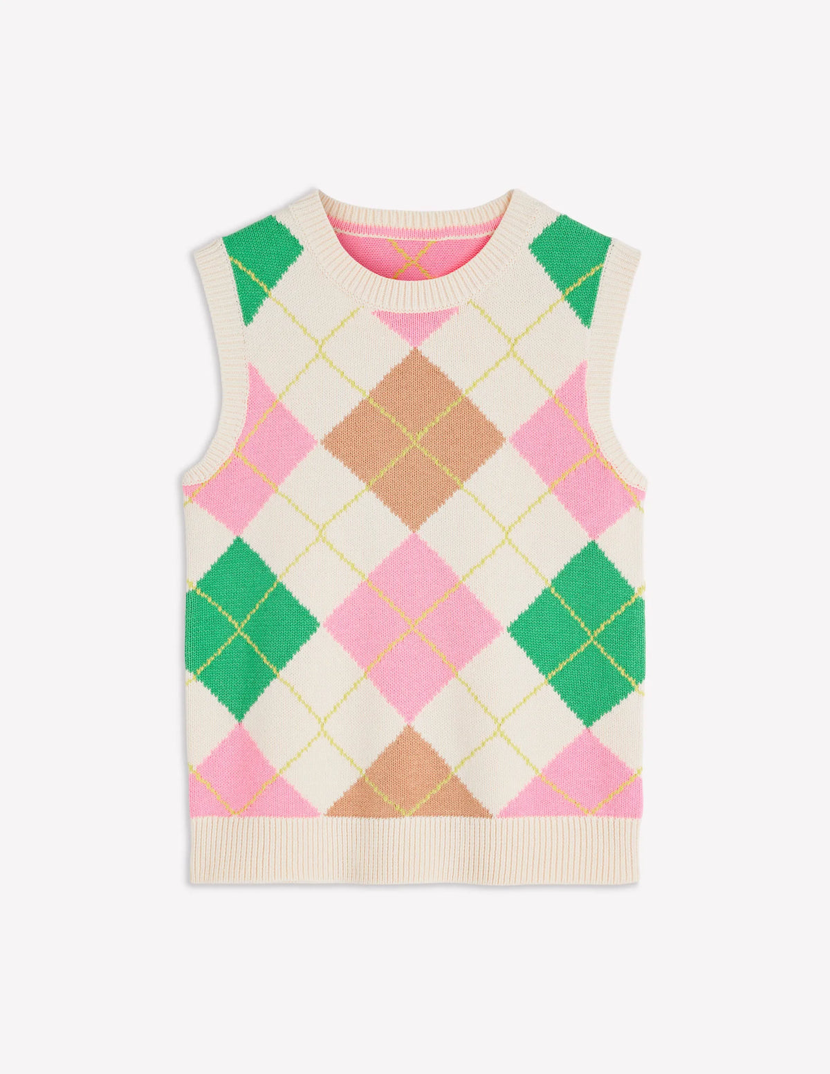 Lucy Cotton Vest-Green, Pink Argyle