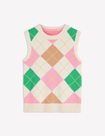 Lucy Cotton Vest-Green, Pink Argyle