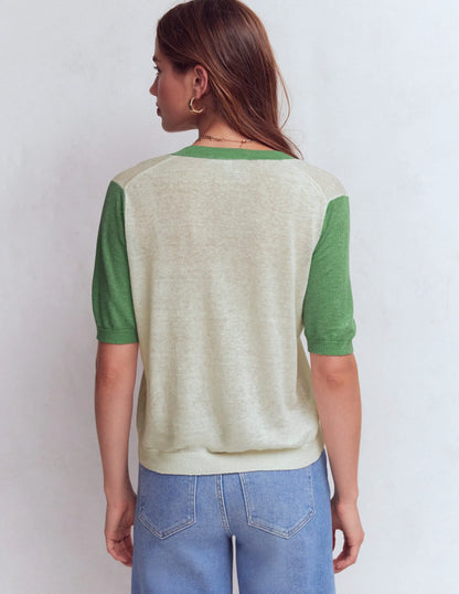 Agnes Linen V Neck T-Shirt-Ivory/ Green