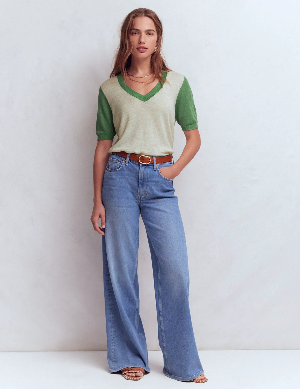 Agnes Linen V Neck T-Shirt-Ivory/ Green