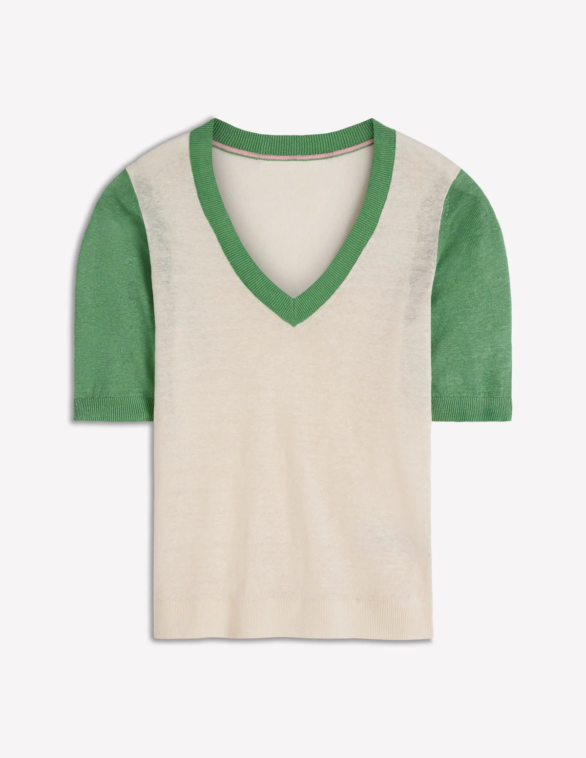 Agnes Linen V Neck T-Shirt-Ivory/ Green