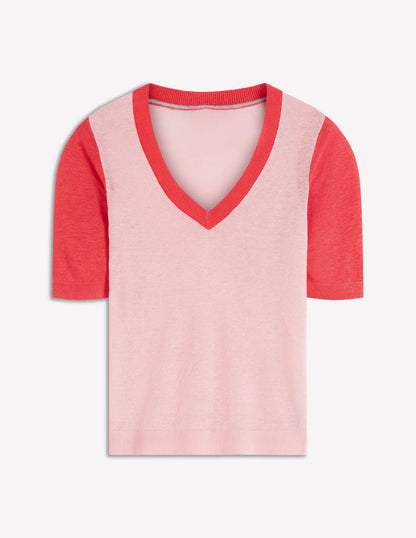 Agnes Linen V Neck T-Shirt-Pink Colour Block