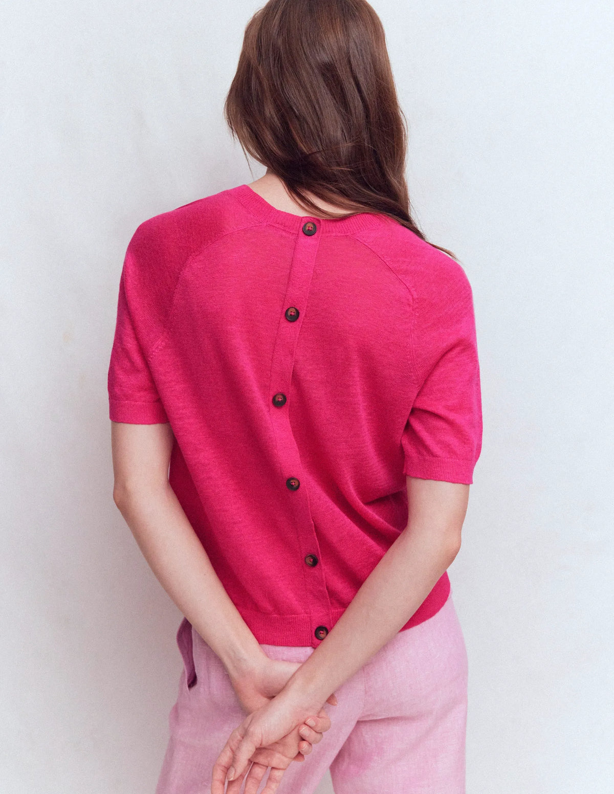 Agnes Linen Button T-Shirt-Pink Peony