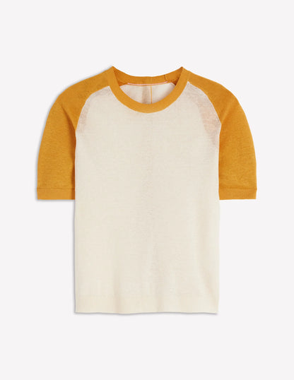 Agnes Linen Button T-Shirt-Yellow, Colour Block