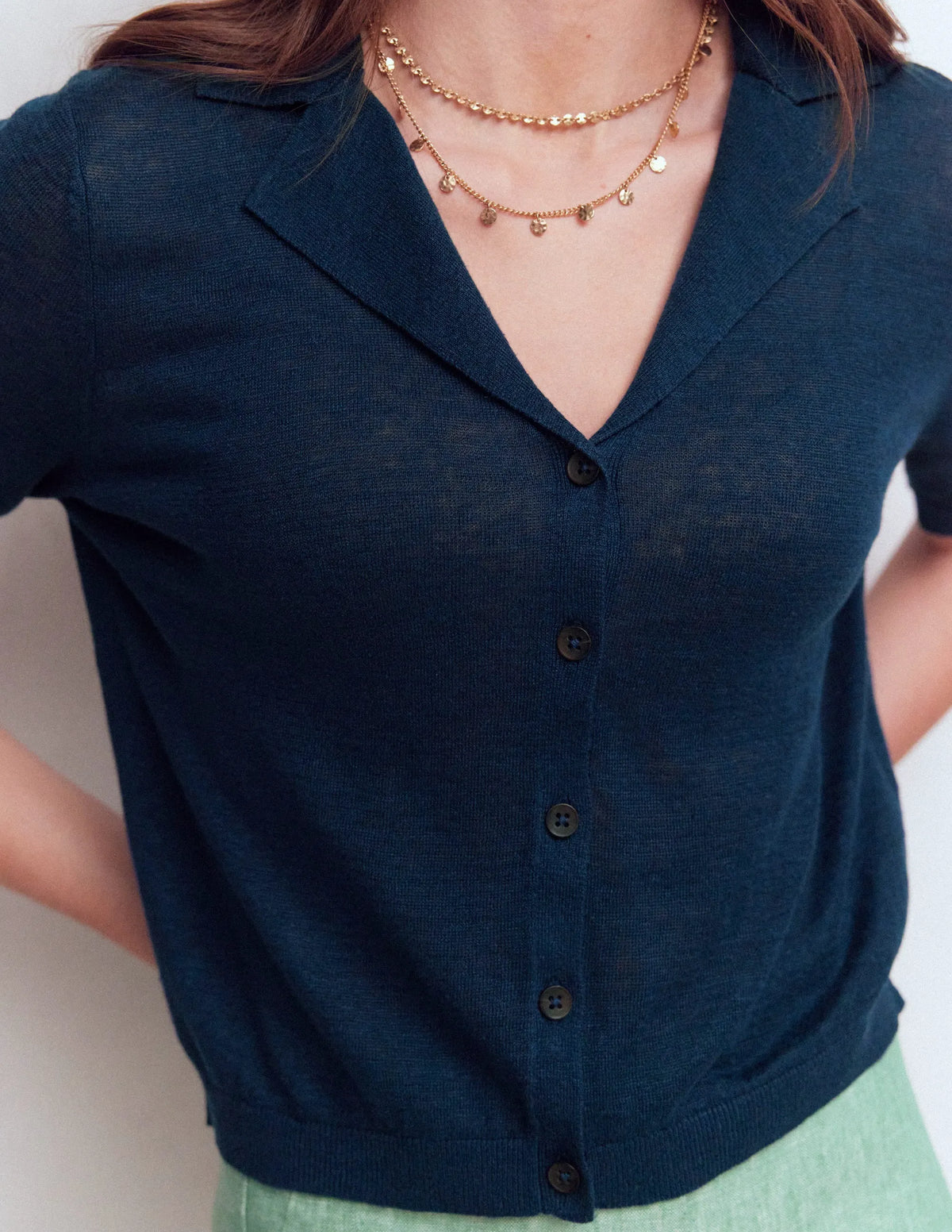 Agnes Collar Linen Cardigan-Navy