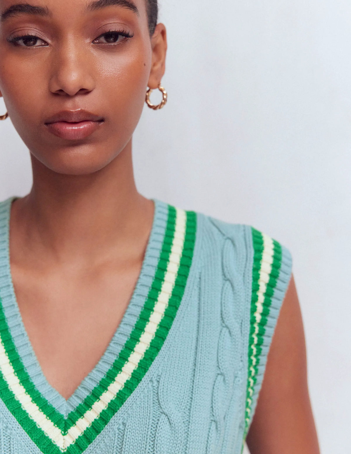 Cable V Neck Tank-Blue, Green