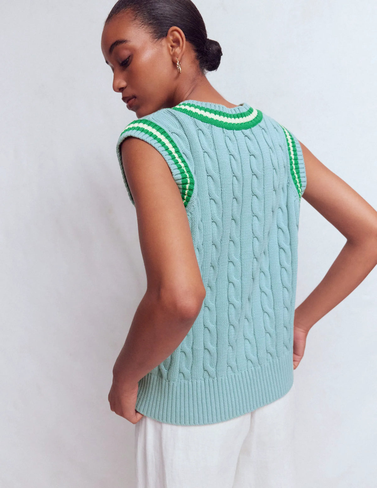 Cable V Neck Tank-Blue, Green