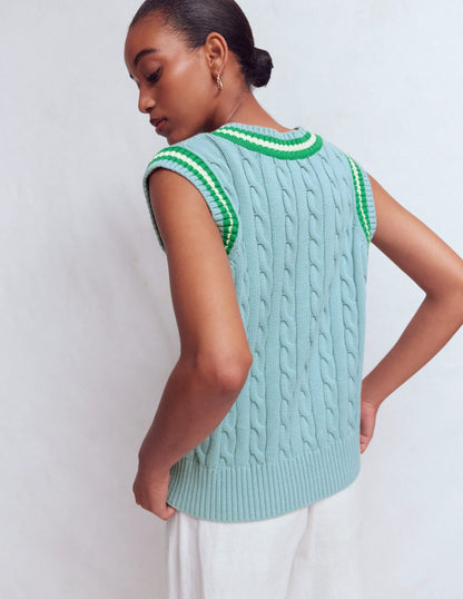 Cable V Neck Tank-Blue, Green