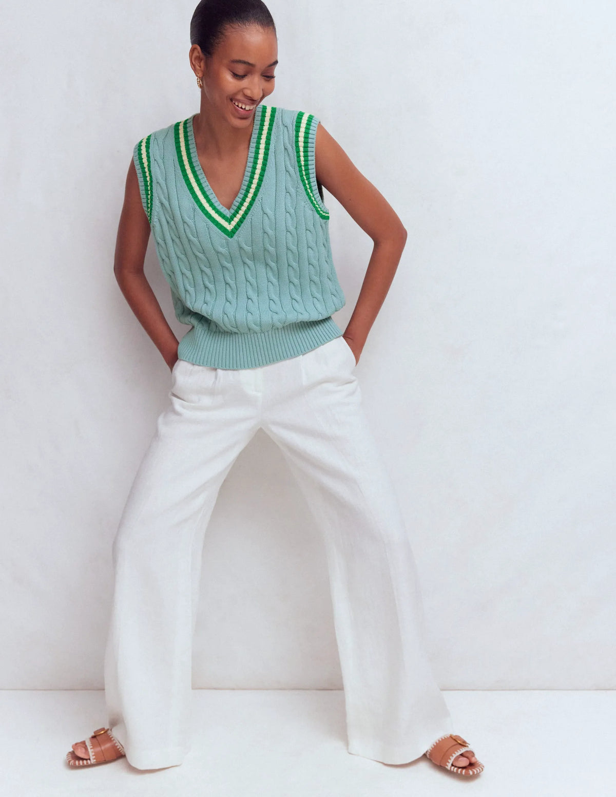 Cable V Neck Tank-Blue, Green