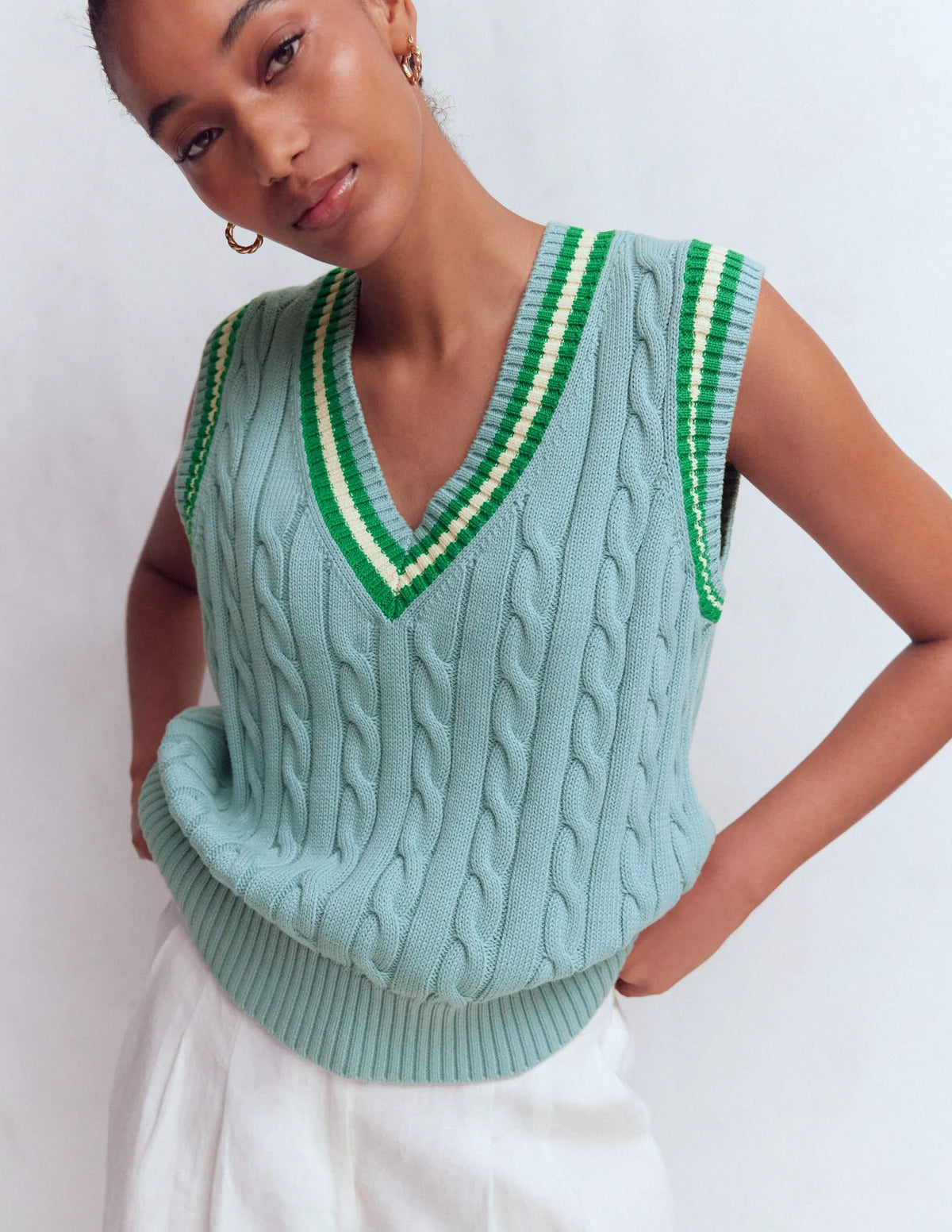 Cable V Neck Tank-Blue, Green