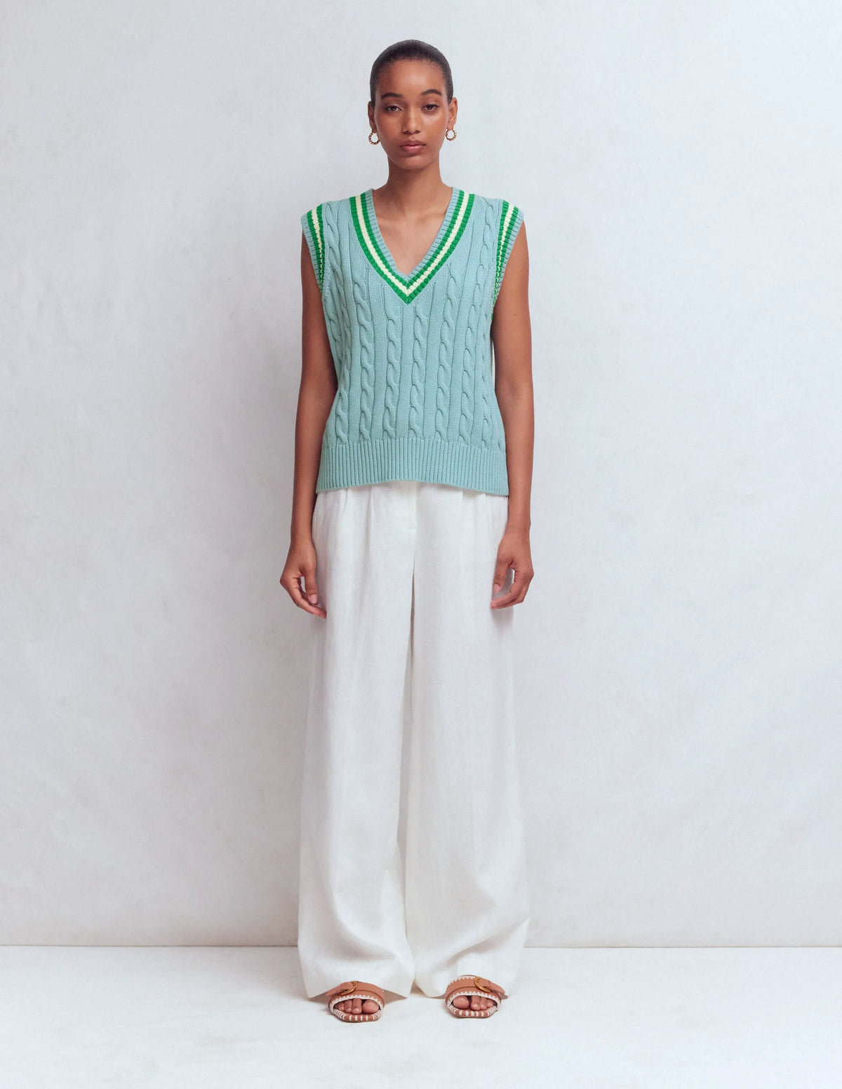 Cable V Neck Tank-Blue, Green