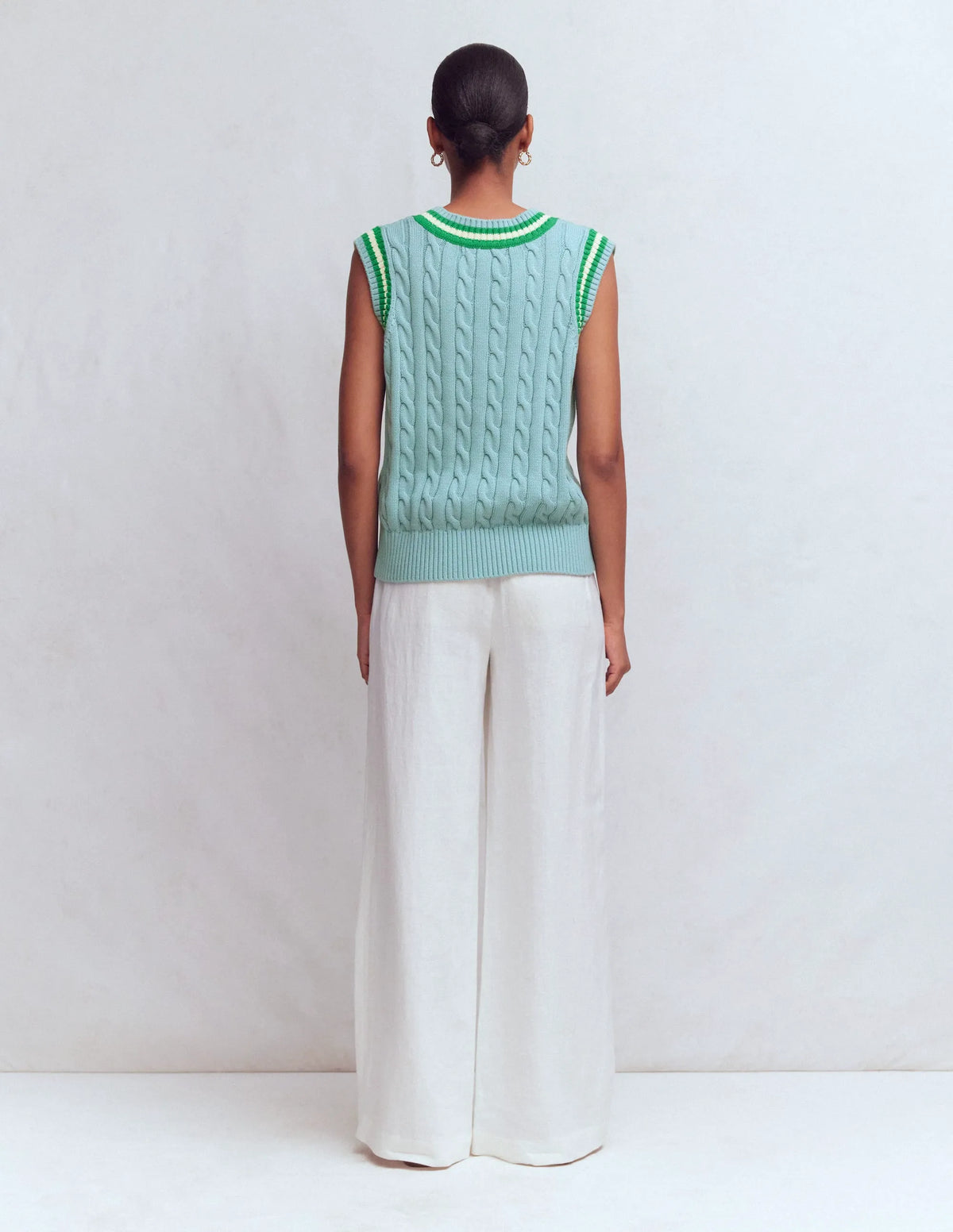 Cable V Neck Tank-Blue, Green