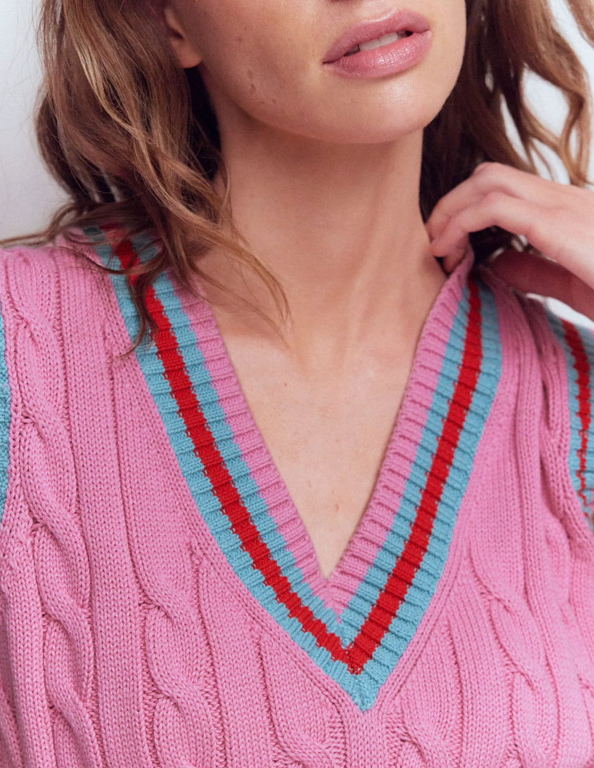 Cable V Neck Tank-Pink, Red