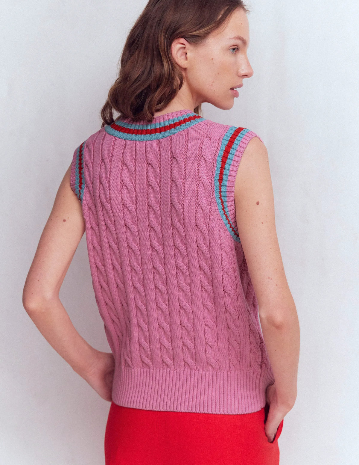 Cable V Neck Tank-Pink, Red