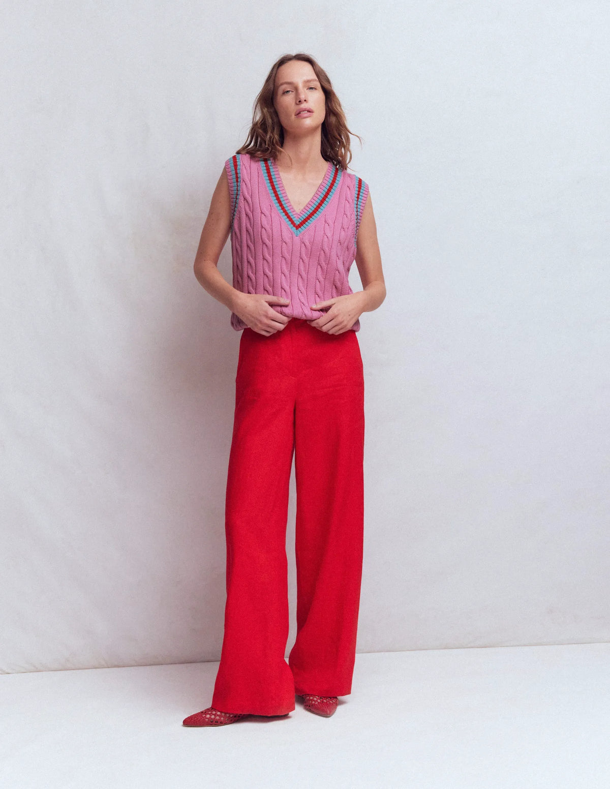 Cable V Neck Tank-Pink, Red
