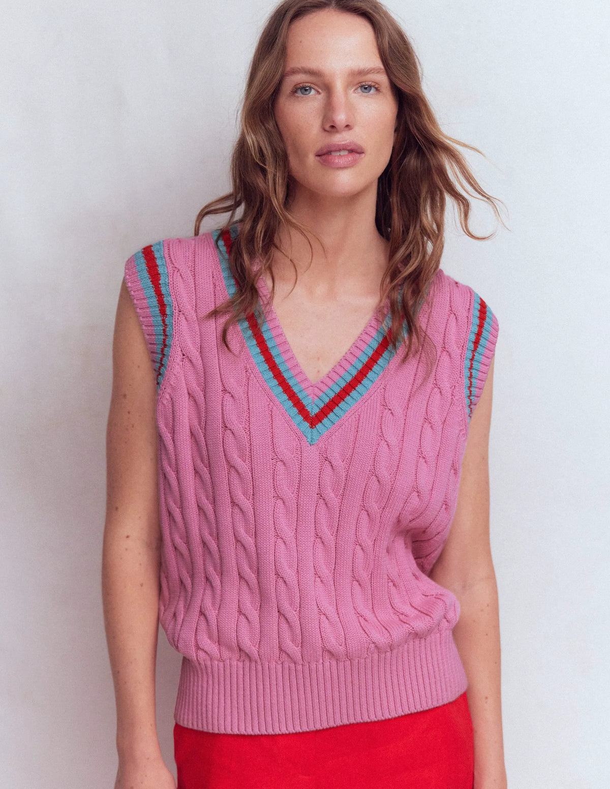Cable V Neck Tank-Pink, Red