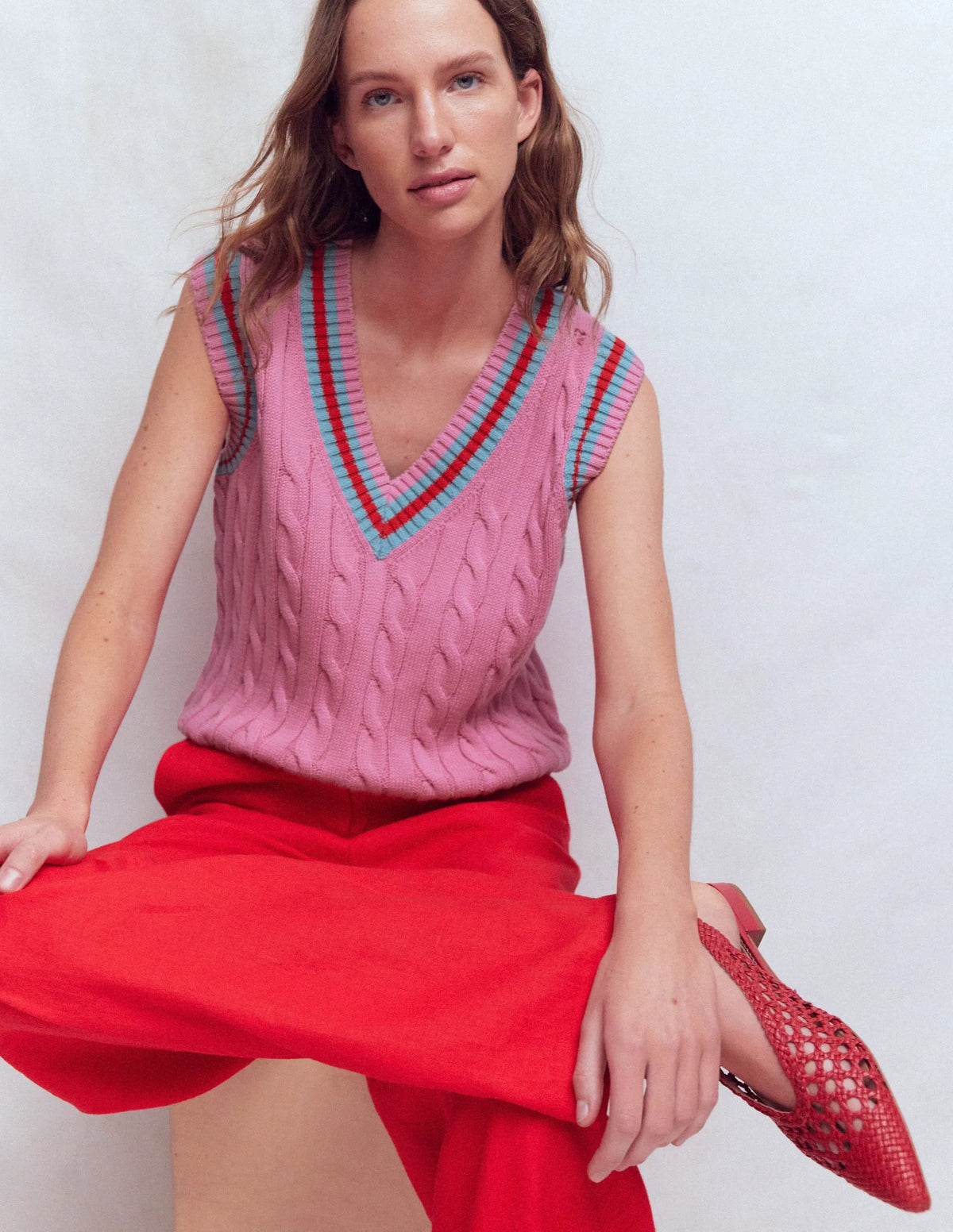 Cable V Neck Tank-Pink, Red