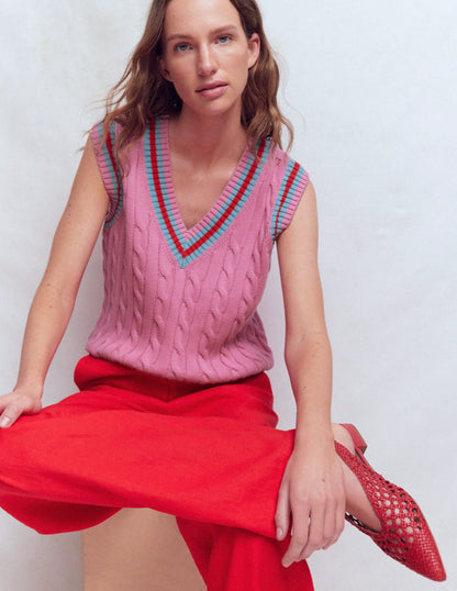 Cable V Neck Tank-Pink, Red