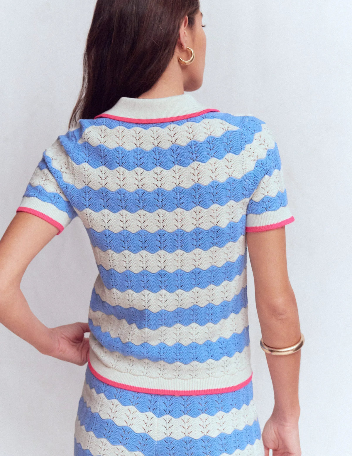 Pointelle Henley T-shirt-Blue, White