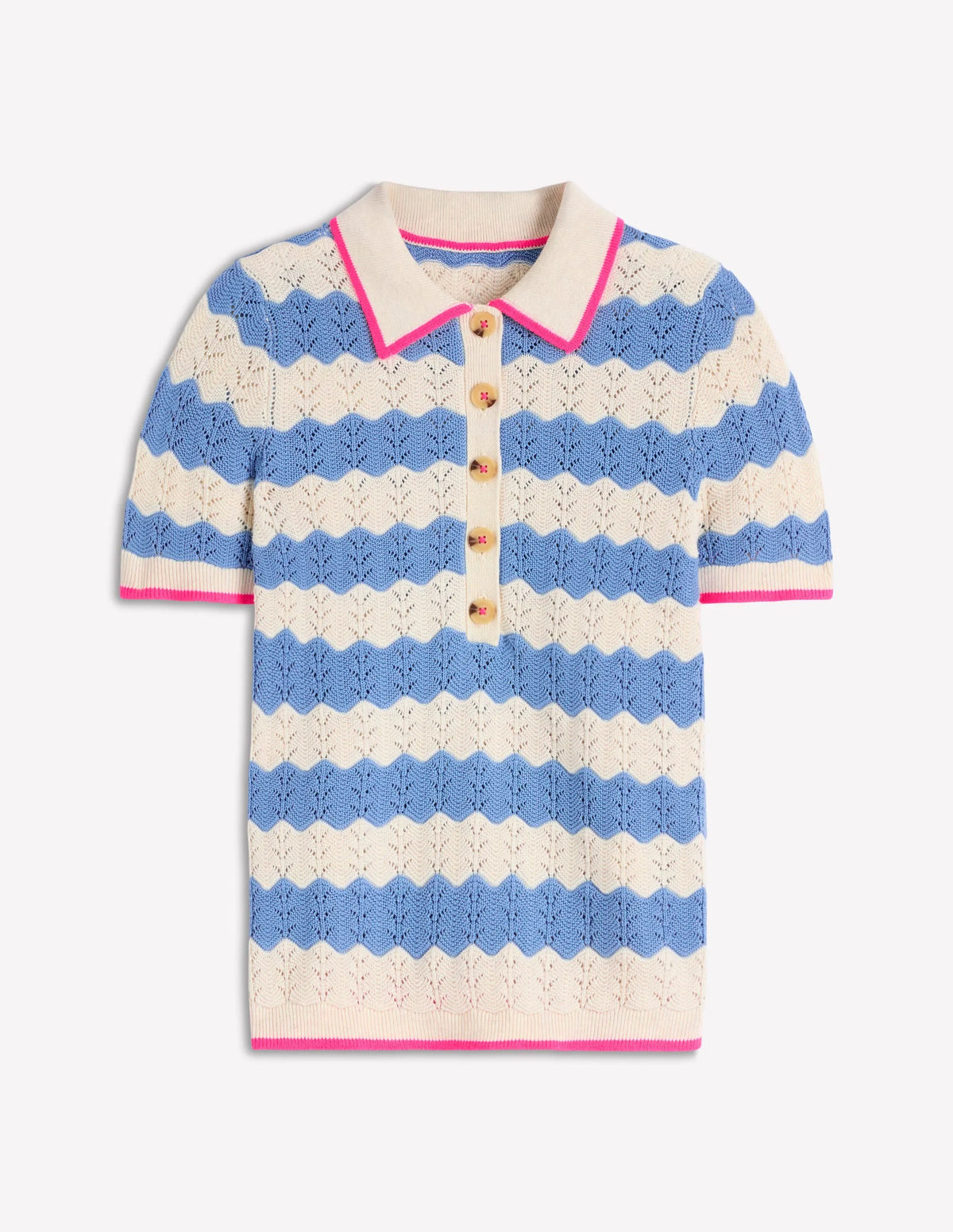 Pointelle Henley T-shirt-Blue, White