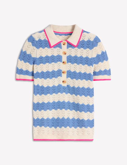 Pointelle Henley T-shirt-Blue, White