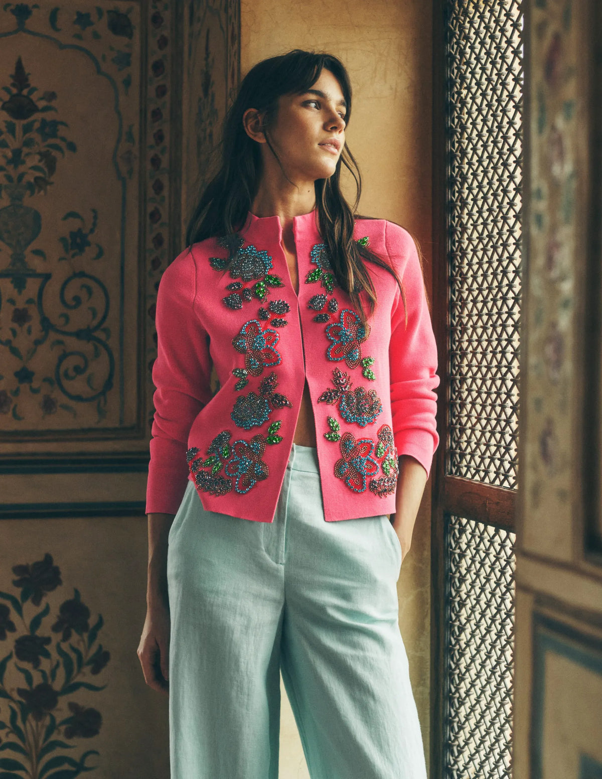 Elena Stand Neck Jacket-Pink Embroidery