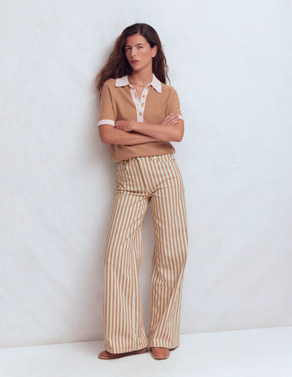 High Rise Wide Leg Jeans-Ecru Tan Stripe