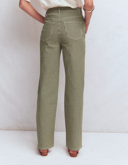 High Rise Column Leg Jeans-Olive Ecru Stripe