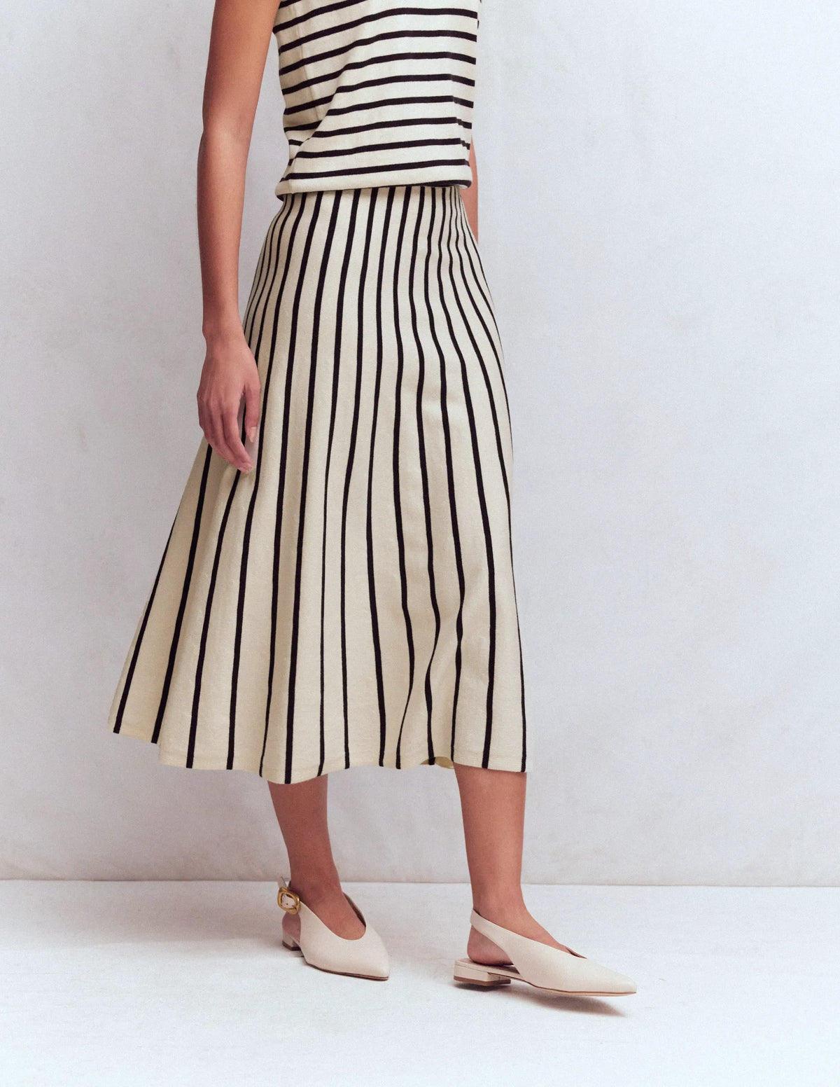 Liz Knitted Midi Skirt-Ivory Stripe