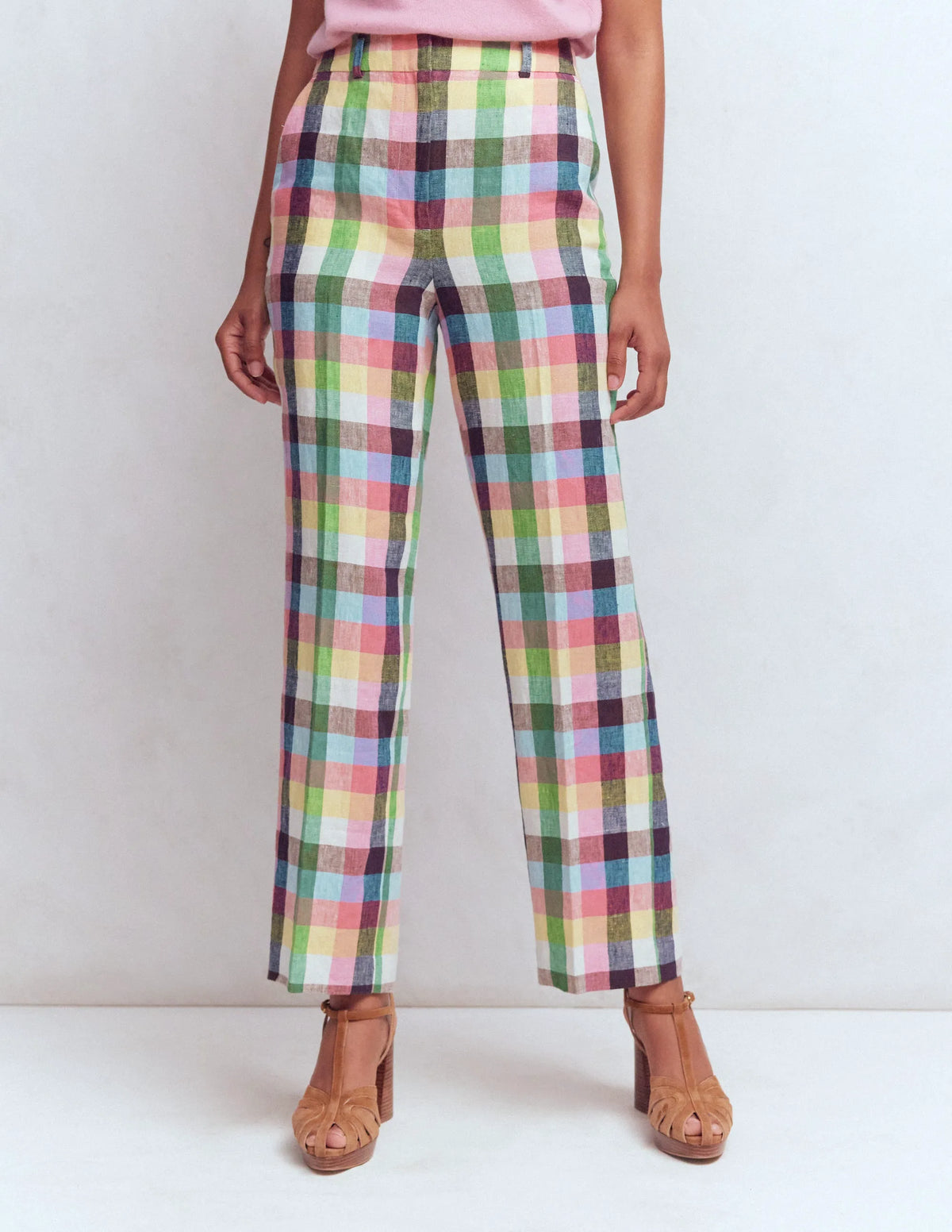Canonbury 7/8 Linen Pants-Soft Yellow, Pink Multigingham
