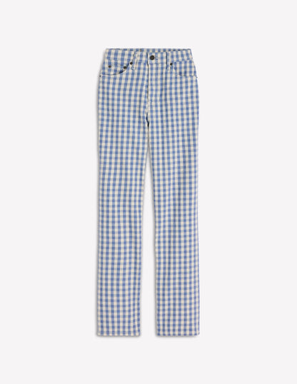 High Rise Straight Jeans-Blue Gingham