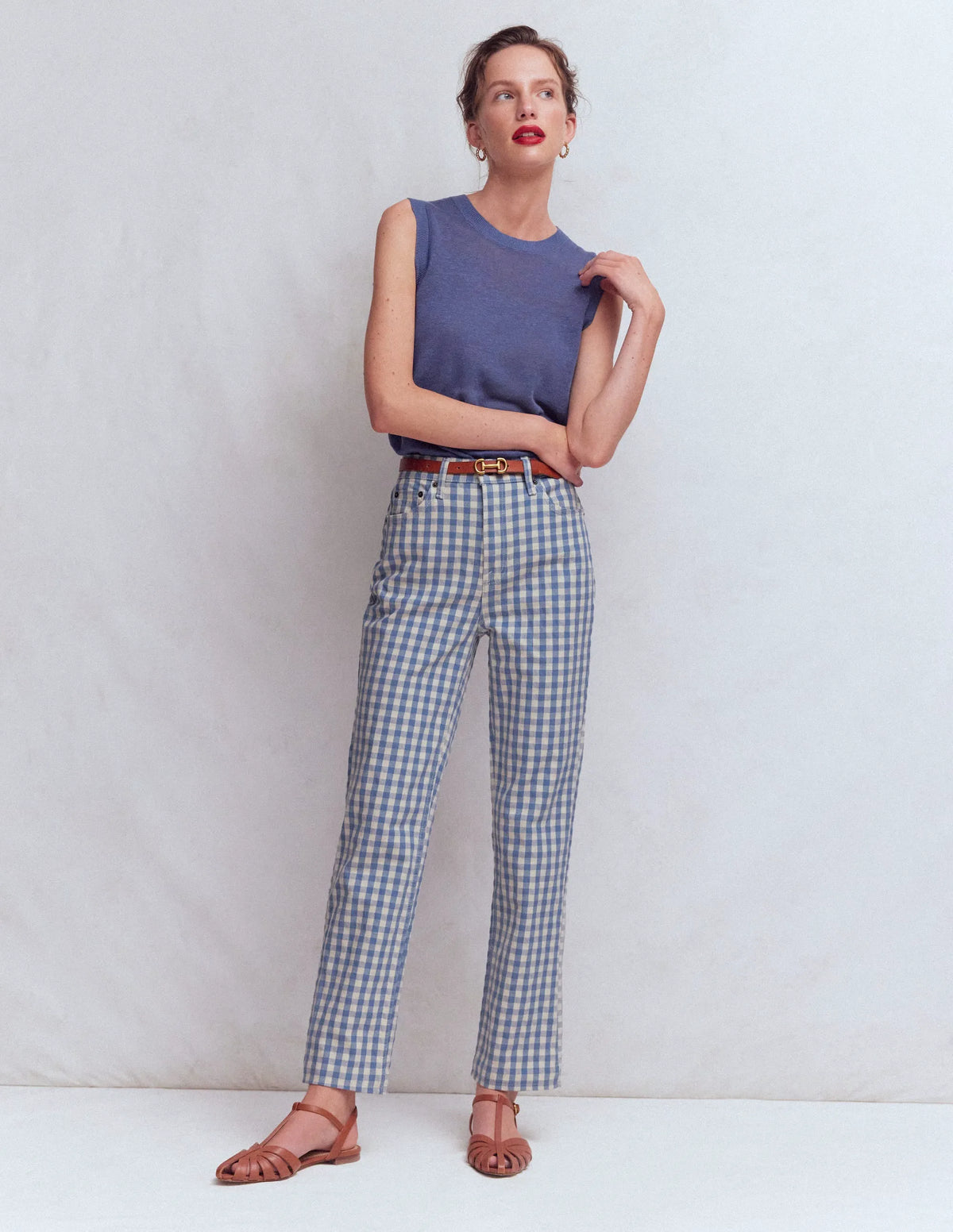 High Rise Straight Jeans-Blue Gingham