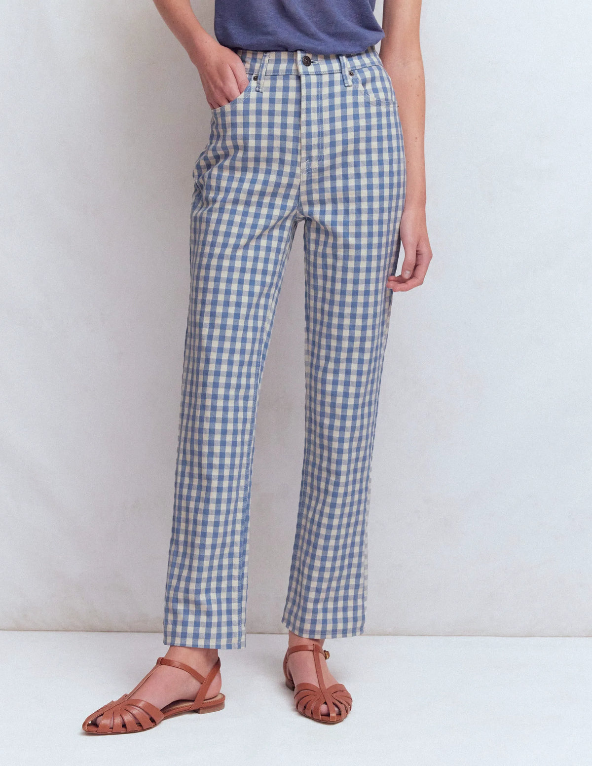 High Rise Straight Jeans-Blue Gingham