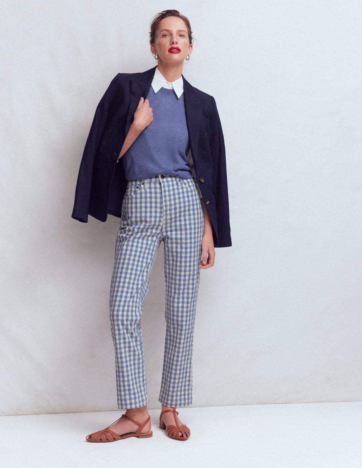 High Rise Straight Jeans-Blue Gingham