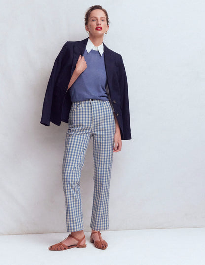 High Rise Straight Jeans-Blue Gingham