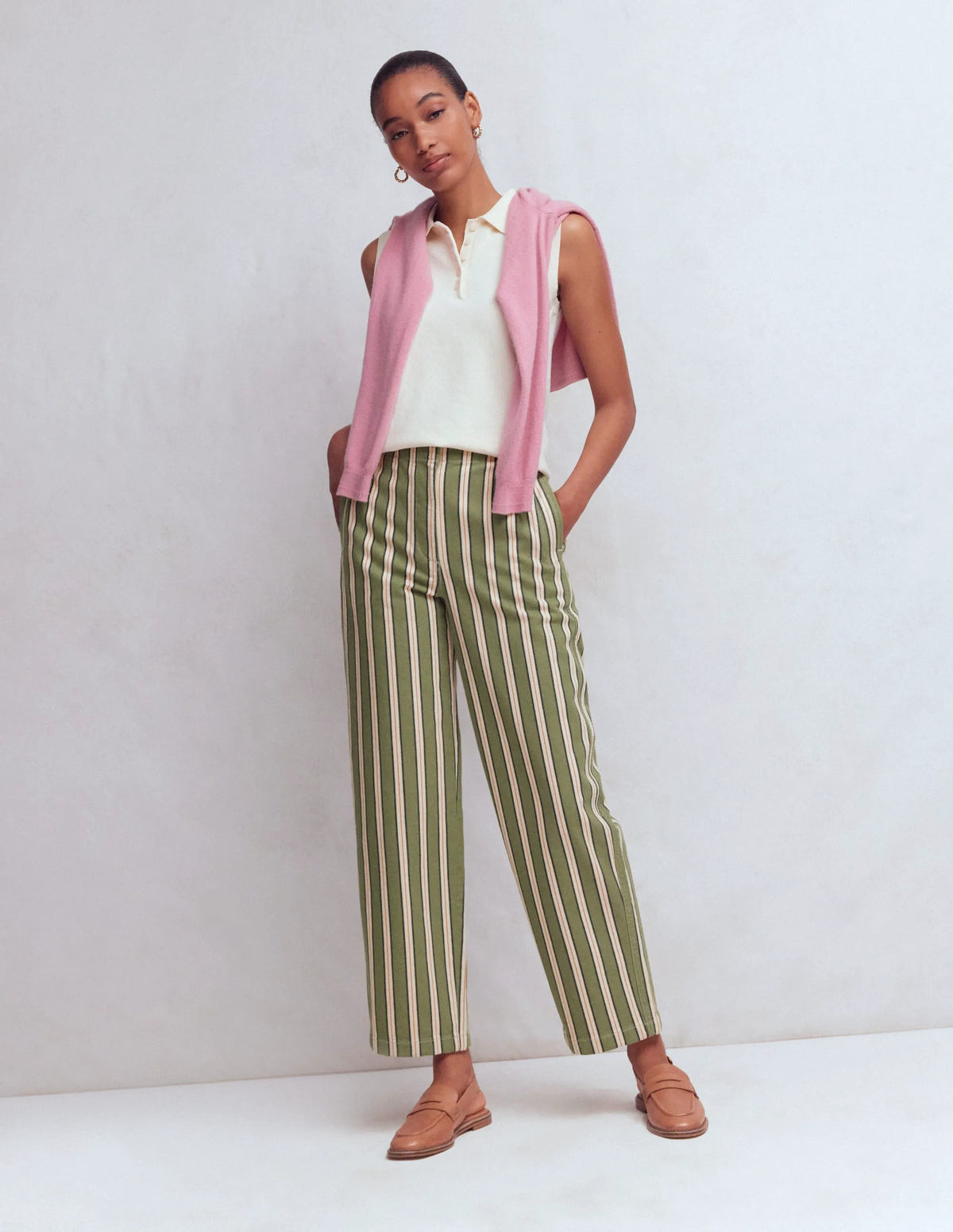 Barrel Leg Chino Pants-Green, Navy, Pink Stripe