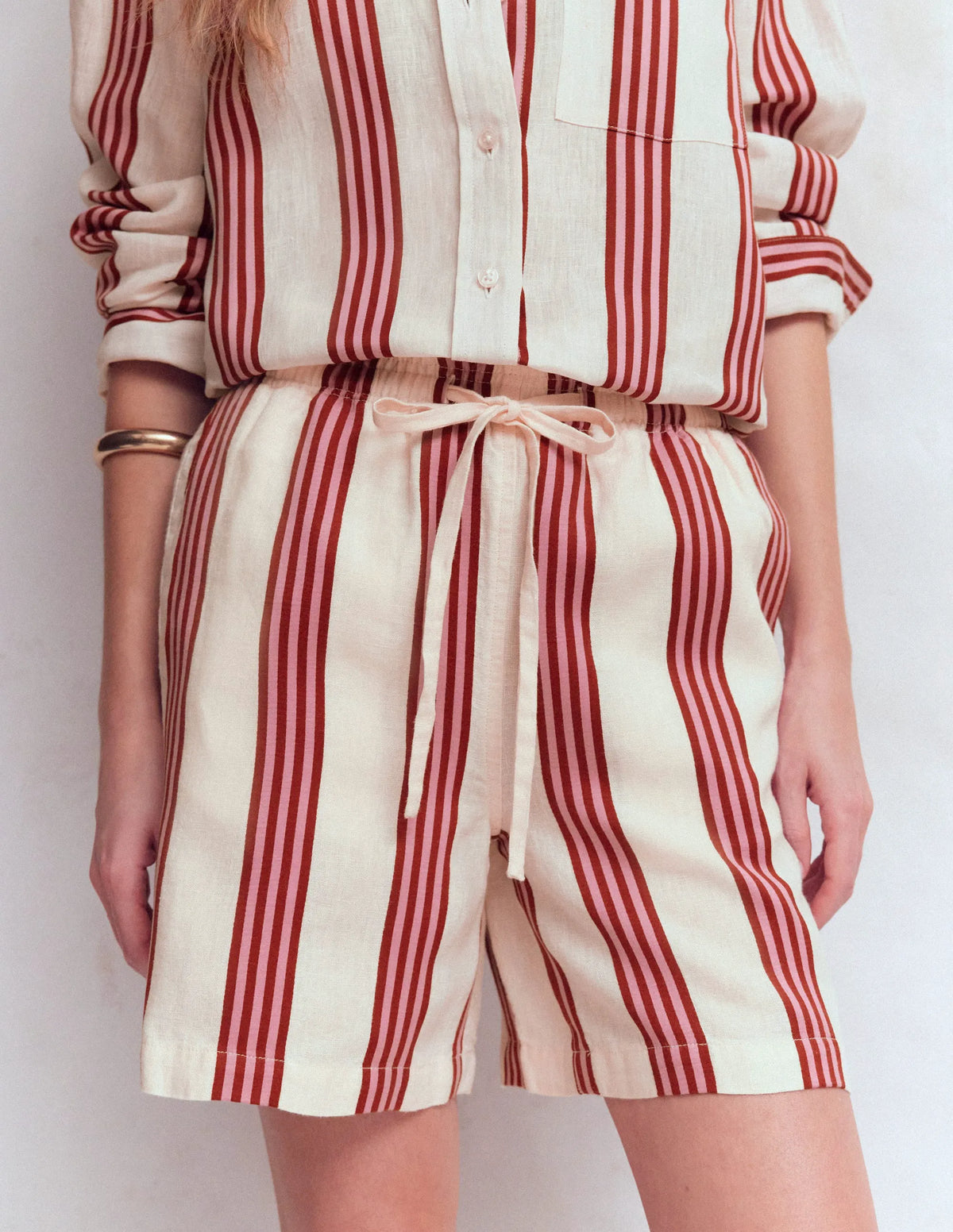 Islington Linen Shorts-Ivory, Brown, Pink Stripe