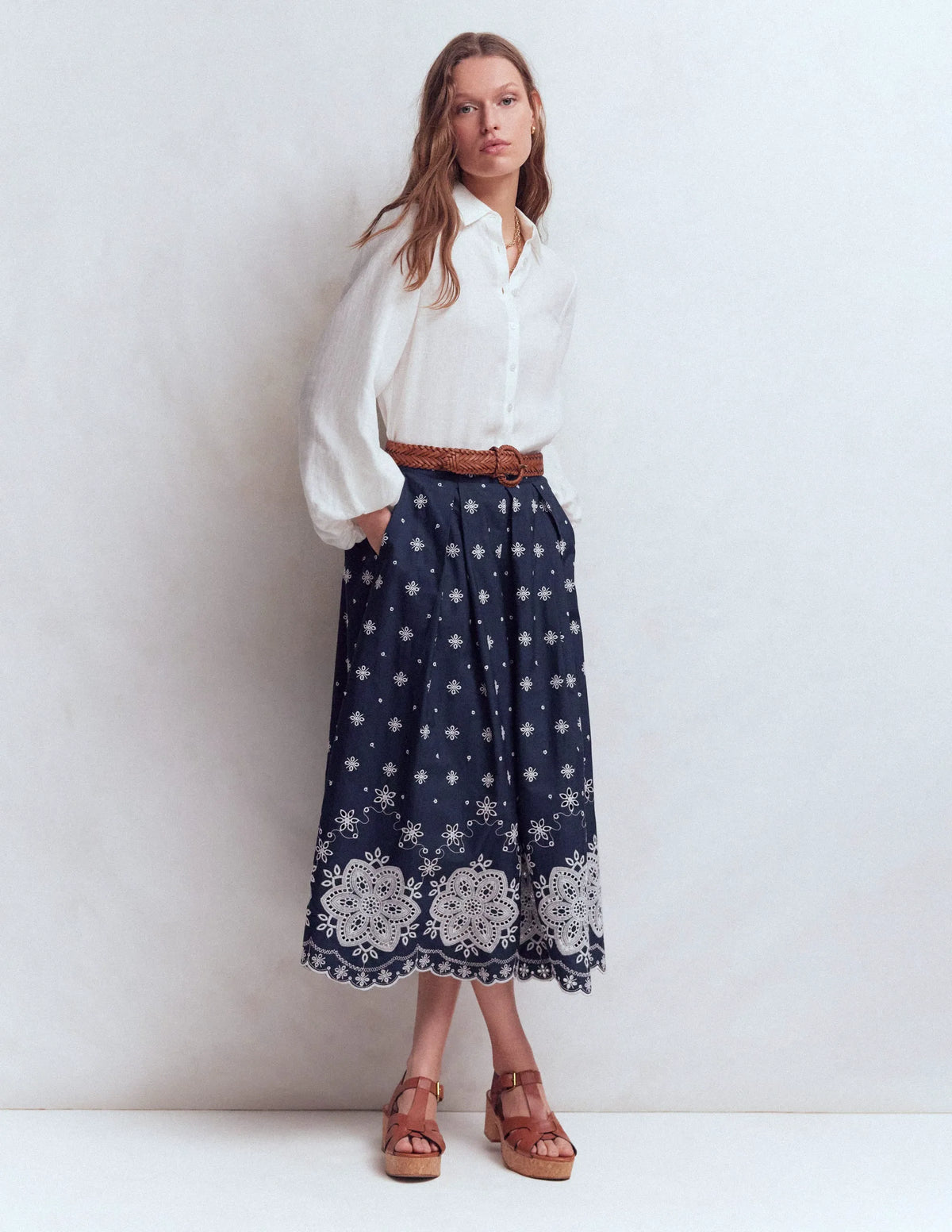 Verity Broderie Poplin Skirt-Navy