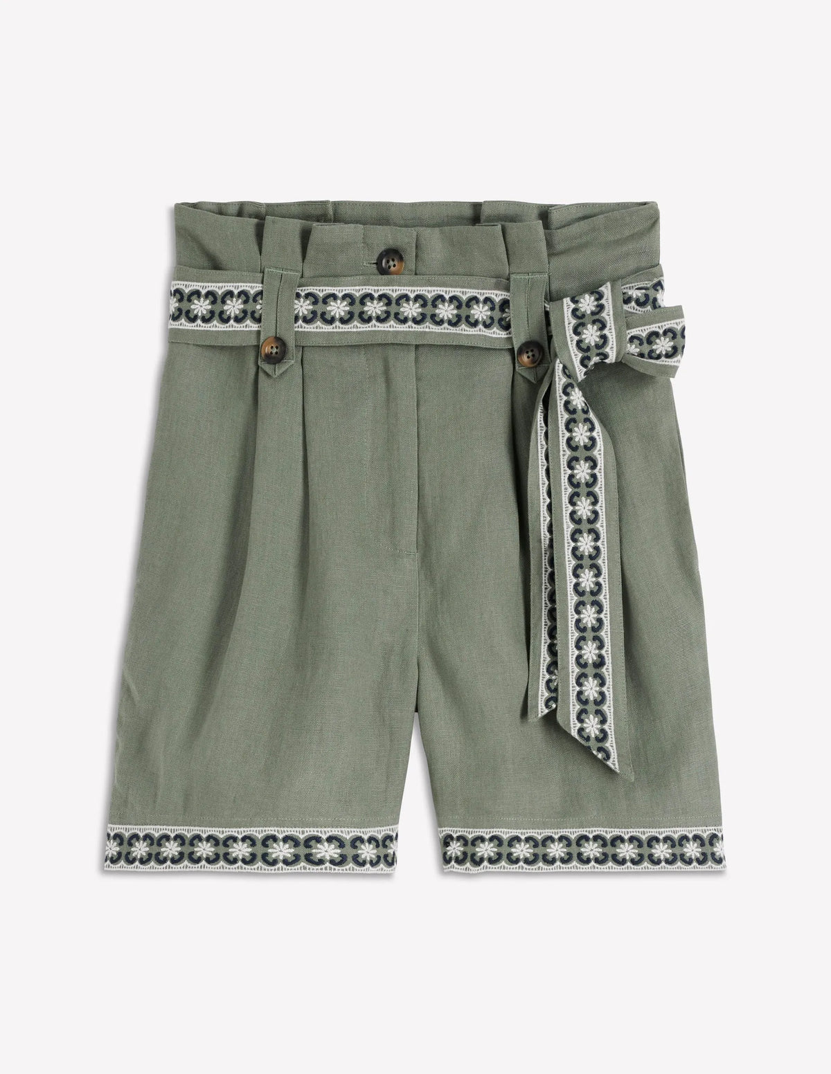 Paperbag Linen Belted Shorts-Green Grey Embroidery